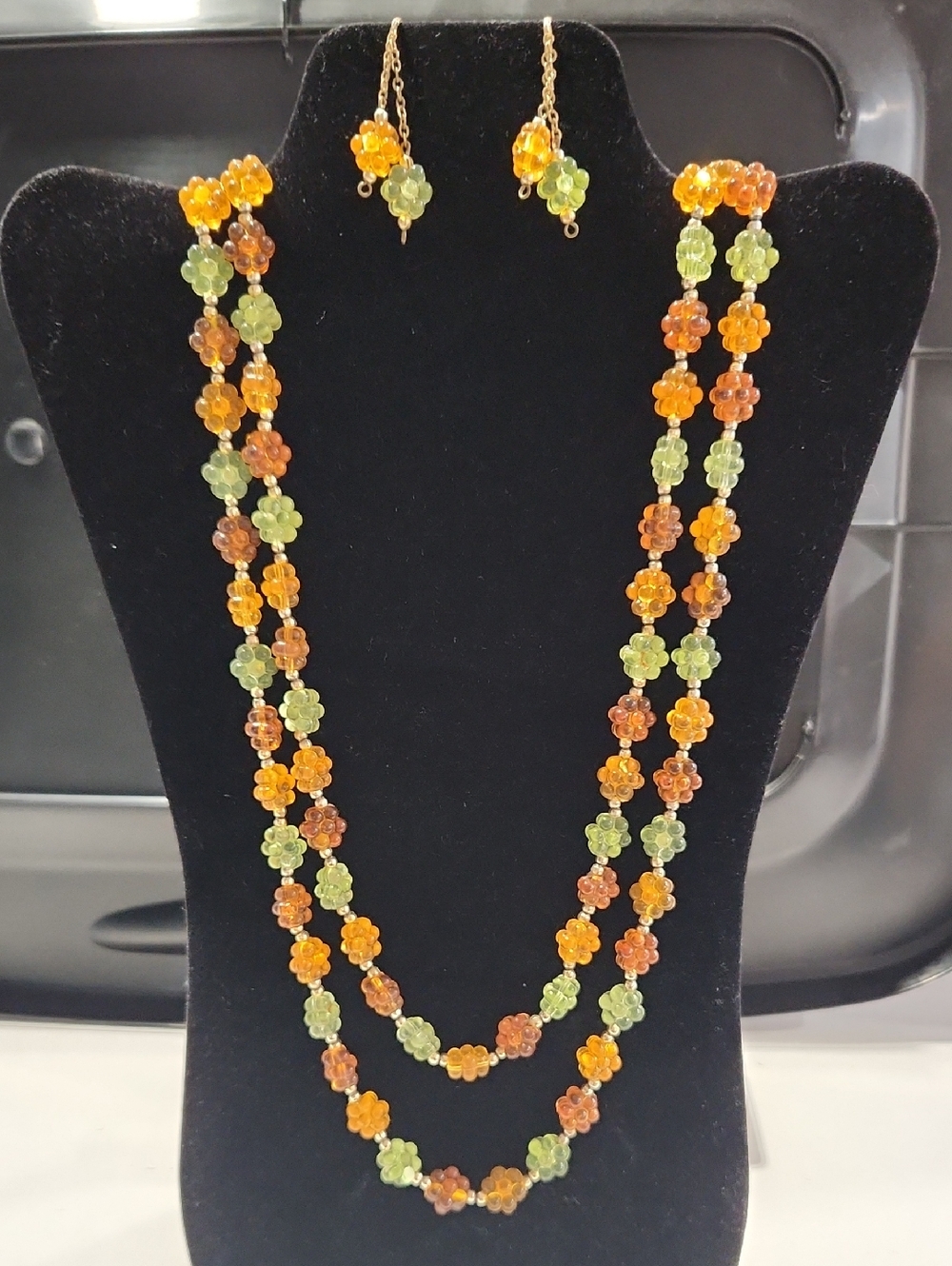 Vintage Green & Orange Flower Bead Necklace with Matching Earrings